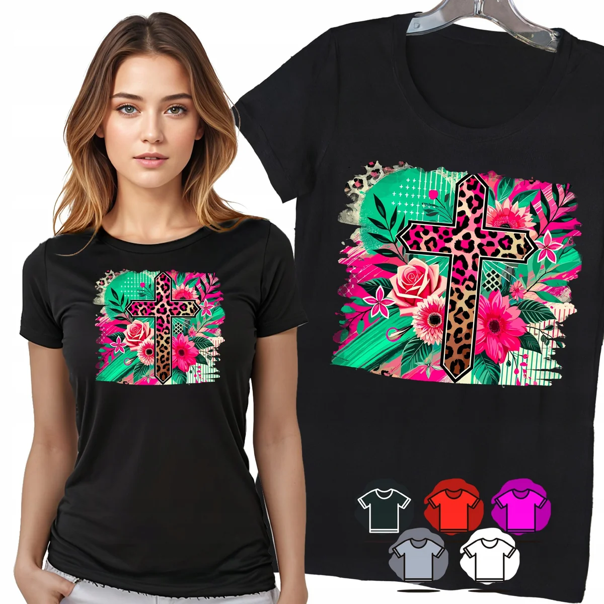 KOSZULKA DAMSKA T-SHIRT - KOLOROWY KRZYŻ KWIATY WIARA MOTYW WZÓR MOC - XS