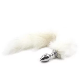 Korki analne - Fetish Addict Metal Butt Plug with Foxy Tail Velvet Touch 40cm White - grafika 1