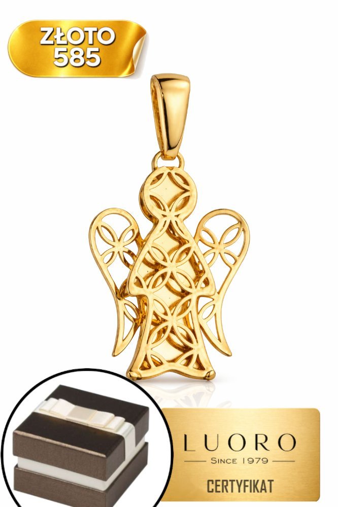 ZAWIESZKA ZŁOTA 585 14K ANIOŁEK AŻUROWY GŁADKIE PLECKI 22 MM ELEGANCKA