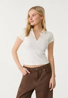 Koszulki i topy damskie - Stradivarius Koszulka polo basic Ecru M - miniaturka - grafika 1