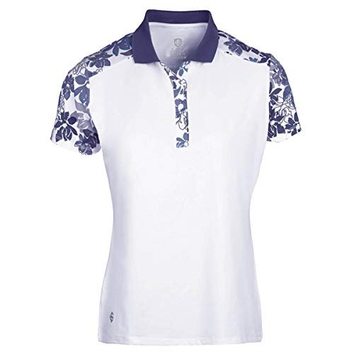 Island Green Damska koszula polo z kwiatowym nadrukiem Irys, oddychająca koszulka polo z krótkim rękawem top koszulka golfowa Biały/granatowy M