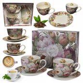 Filiżanki - FILIŻANKA + SPODEK 270 ml 2 szt ELEGANCKI ZESTAW PORCELANOWY WZÓR PIWONIE - miniaturka - grafika 1