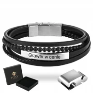 Bransolety męskie - Bransoletka Męska Skórzana Czarna Stal 316 Grawer Dla Taty Męża Chłopaka - miniaturka - grafika 1