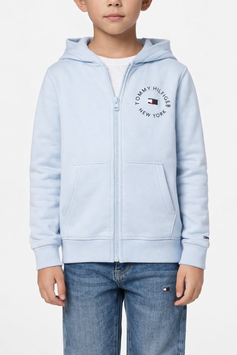 TOMMY HILFIGER NIEBIESKA BLUZA DZIECIĘCA Z KAPTUREM I NAPISEM 110cm 1I3A