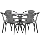 Meble ogrodowe - Meble ogrodowe balkonowe stolik kawowy ze szklanym blatem, 6 krzeseł metalowych czarno-szare - miniaturka - grafika 1