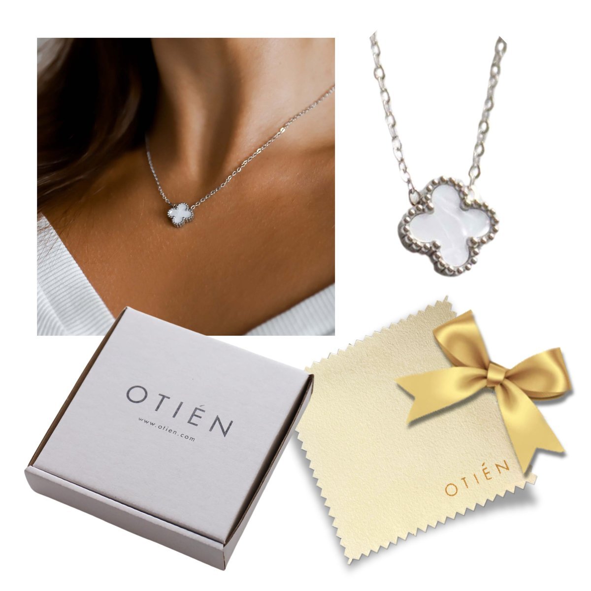 Naszyjnik celebrytka Biała Koniczynka – stal chirurgiczna, złoty, biały