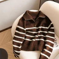 Swetry damskie - TEMU Sweter damski w paski czarno-białe z golfem - miękki, rozciągliwy, kontrastowy kołnierz, luźny krój, długie rękawy, pranie maszynowe, casualowa - miniaturka - grafika 1