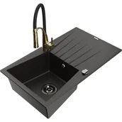 Zlewozmywaki z baterią - Mexen Cesar zlewozmywak granitowy 1-komorowy z ociekaczem i baterią kuchenną Aster, czarny/złoty metalik - miniaturka - grafika 1