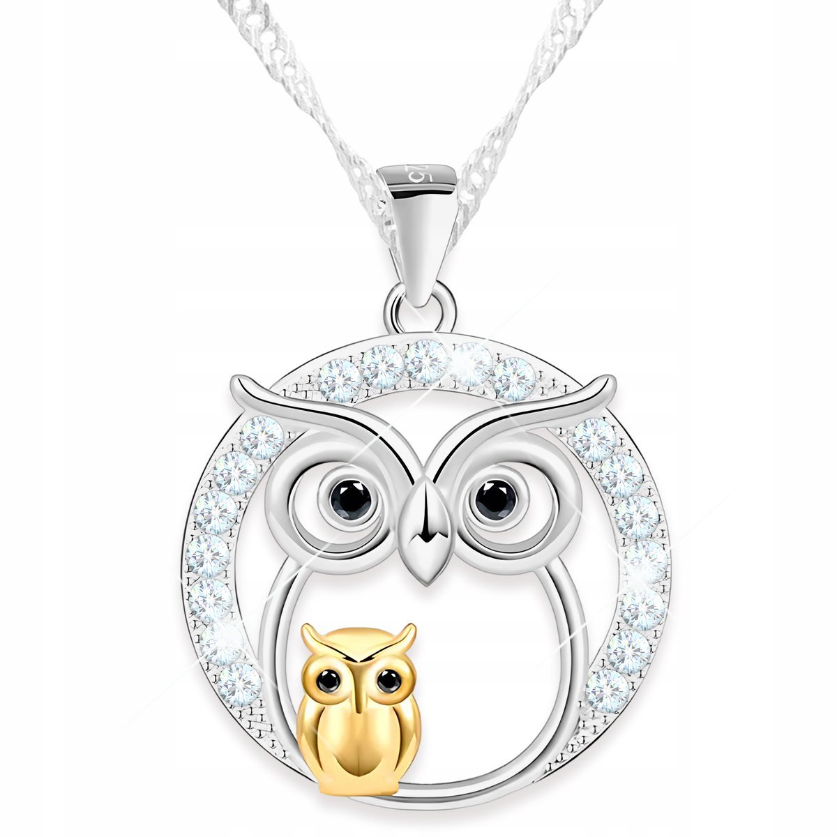 Naszyjnik Srebrny Kółko z Sową Kryształki Czarna Cyrkonia Sówka SREBRO 925