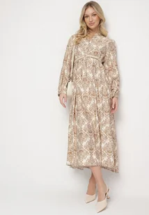 Beżowa Rozkloszowana Sukienka z Wiskozy w Ornamentalny Wzór Gonavina - Sukienki - miniaturka - grafika 1