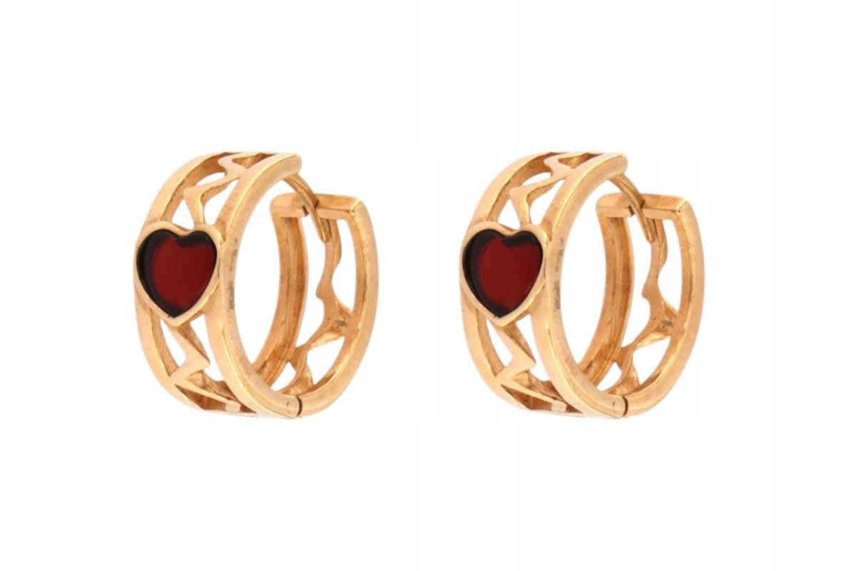 Kolczyki okrągłe serca srebrne 925 pozłacane z bursztynem wiśniowym ażurowe