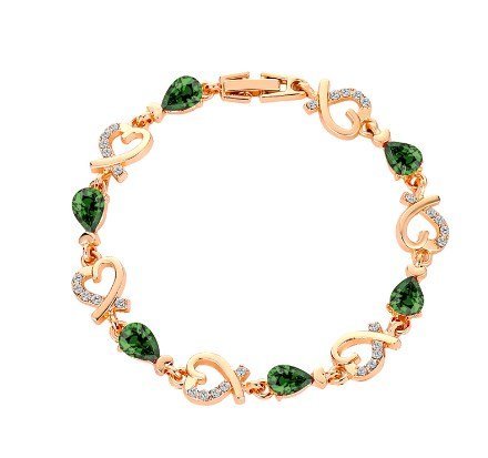Damska bransoletka w kształcie serca z zielonymi cyrkoniami 20 cm