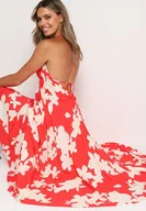 Sukienki - Czerwona Rozkloszowana Sukienka z Wiskozy na Ramiączkach w Kwiaty Nansora - miniaturka - grafika 1