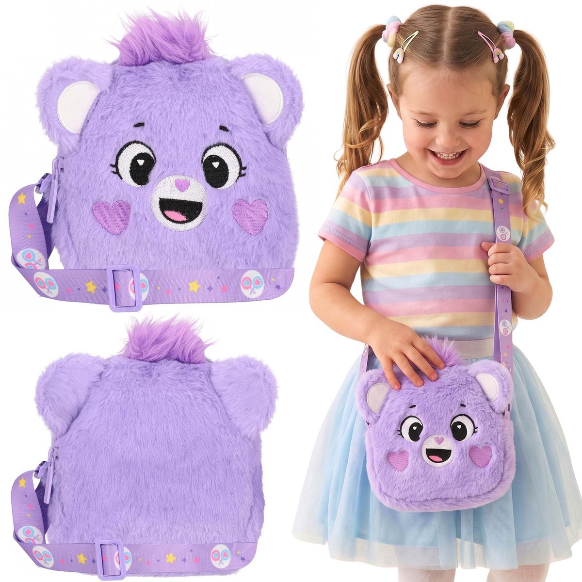 Care Bears Pluszowa TOREBKA na zamek dla dziewczynki, MAŁA torebka NA PASKU, fioletowa 15x15x4cm