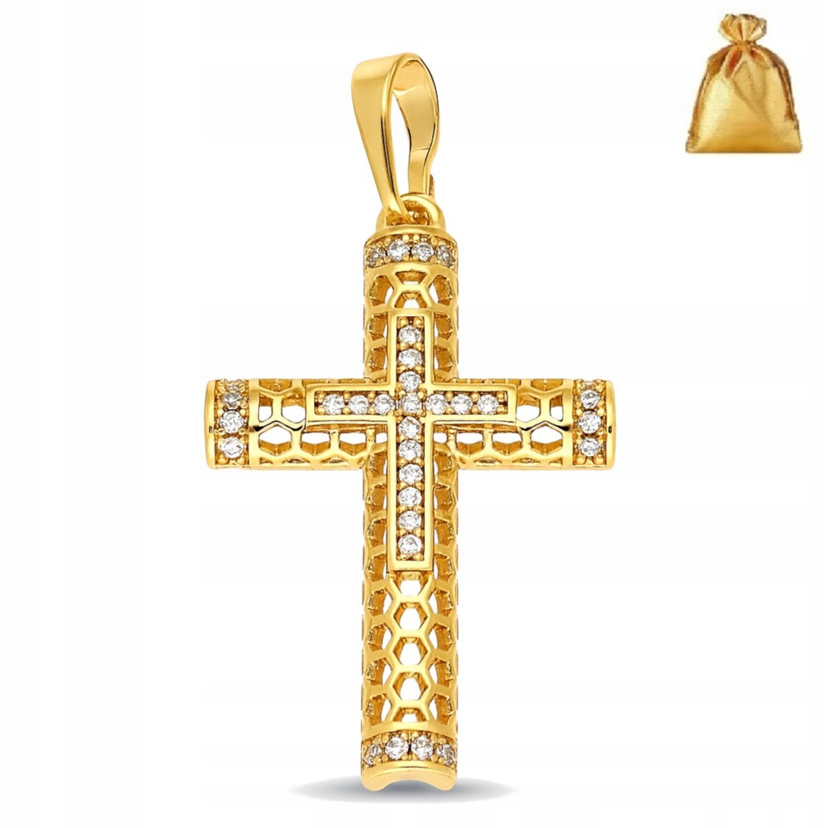 ZŁOTA ZAWIESZKA ZE STALI CHIRURGICZNEJ DAMSKI KRZYŻYK AŻUROWY Z CYRKONIAMI