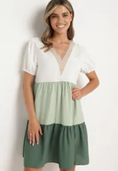 Sukienki - Beżowo-Zielona Pudełkowa Sukienka z Haftem przy Dekolcie Moetta - miniaturka - grafika 1