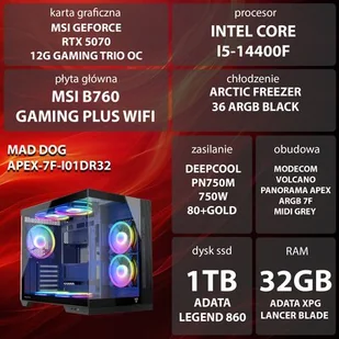 Komputer MAD DOG APEX-7F-I01DR32 i5-14400F 32GB RAM 1TB SSD GeForce RTX5070 DLSS 4 Wi-Fi - Zestawy komputerowe - miniaturka - grafika 1