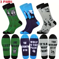 Skarpetki damskie - TEMU 3 Pary Męskich Skarpet z Wilkiem - Zabawny Nowatorski Wzór z Cytatami "Po Prostu To ", Zielone, Niebieskie i Szare - Idealny Prezent dla Taty, - miniaturka - grafika 1