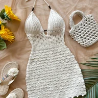 Sukienki - TEMU Kobieca Seksowna Letnia Sukienka Plażowa z Odkrytymi Plecami i Wiązaniem na Szyi - Półprześwitujący Panel Koronkowy, Regulowany Przedni Zapięcie - miniaturka - grafika 1