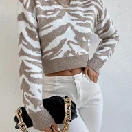Swetry damskie - TEMU Sweter Damski w Eleganckie Paski Zebry - Krótki Fason z Długim Rękawem i Okrągłym Dekoltem, Kolorowy Blok Beż/Czarny/Biały, Średnio Elastyczny - miniaturka - grafika 1