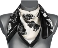 Apaszki i szaliki damskie - Chusta damska apaszka SATYNOWA gawroszka GB-29 biała w czarne róże - miniaturka - grafika 1