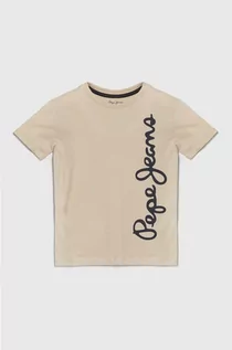 Koszulki dla chłopców - Pepe Jeans t-shirt bawełniany dziecięcy WALDO kolor beżowy z nadrukiem - grafika 1