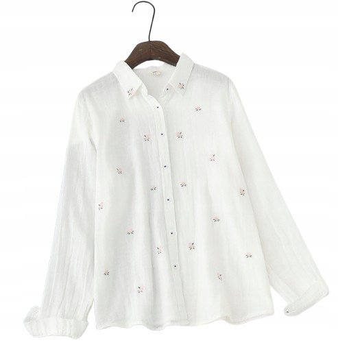 Biała Koszula Z Haftowanymi Kwiatkami Stylowa Modna Bawełniana Koszula L