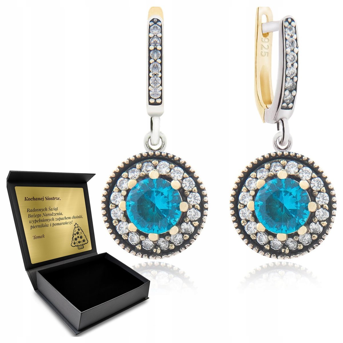Kolczyki Srebrne 925 Z Cyrkoniami I Błękitnym Topazem Dla Kobiety + Grawer