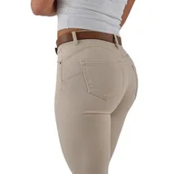 Spodnie damskie - Spodnie z paskiem M.sara jeansy damskie rurki beżowe Push Up - miniaturka - grafika 1