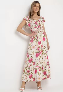 Sukienki - Jasnobeżowa Rozkloszowana Sukienka Maxi z Wiskozy w Kwiatowy Print Unadis - grafika 1