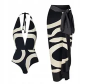 Stroje kąpielowe - Jednoczęściowy Strój Kąpielowy Czarno Biały Wzór Elegancki Spódnica L - miniaturka - grafika 1