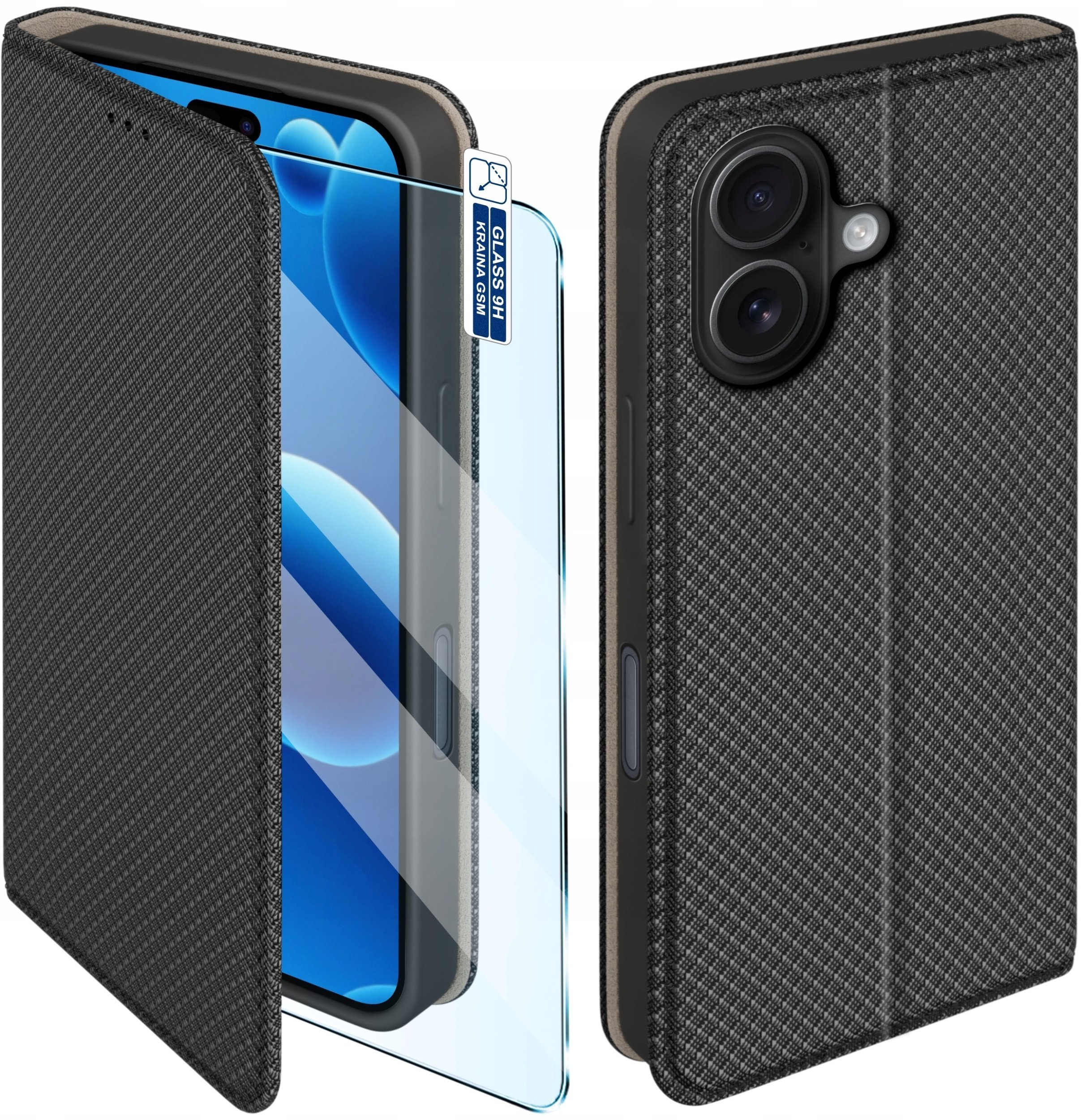 krainaGSM Etui Z Klapką Do Iphone 16 Zamykane Czarne Futerał + Szkło 9H
