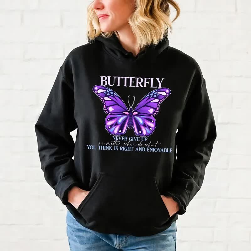 CZARNA BLUZA Z Kapturem Damska NEVER GIVE UP Motywacyjne Wzory Rozmiar M