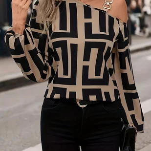 TEMU Koszulka z Długim Rękawem w Kratę Labiryntową dla Kobiet - Wersja na Wiosnę, i Jesień - Koszule damskie - miniaturka - grafika 1