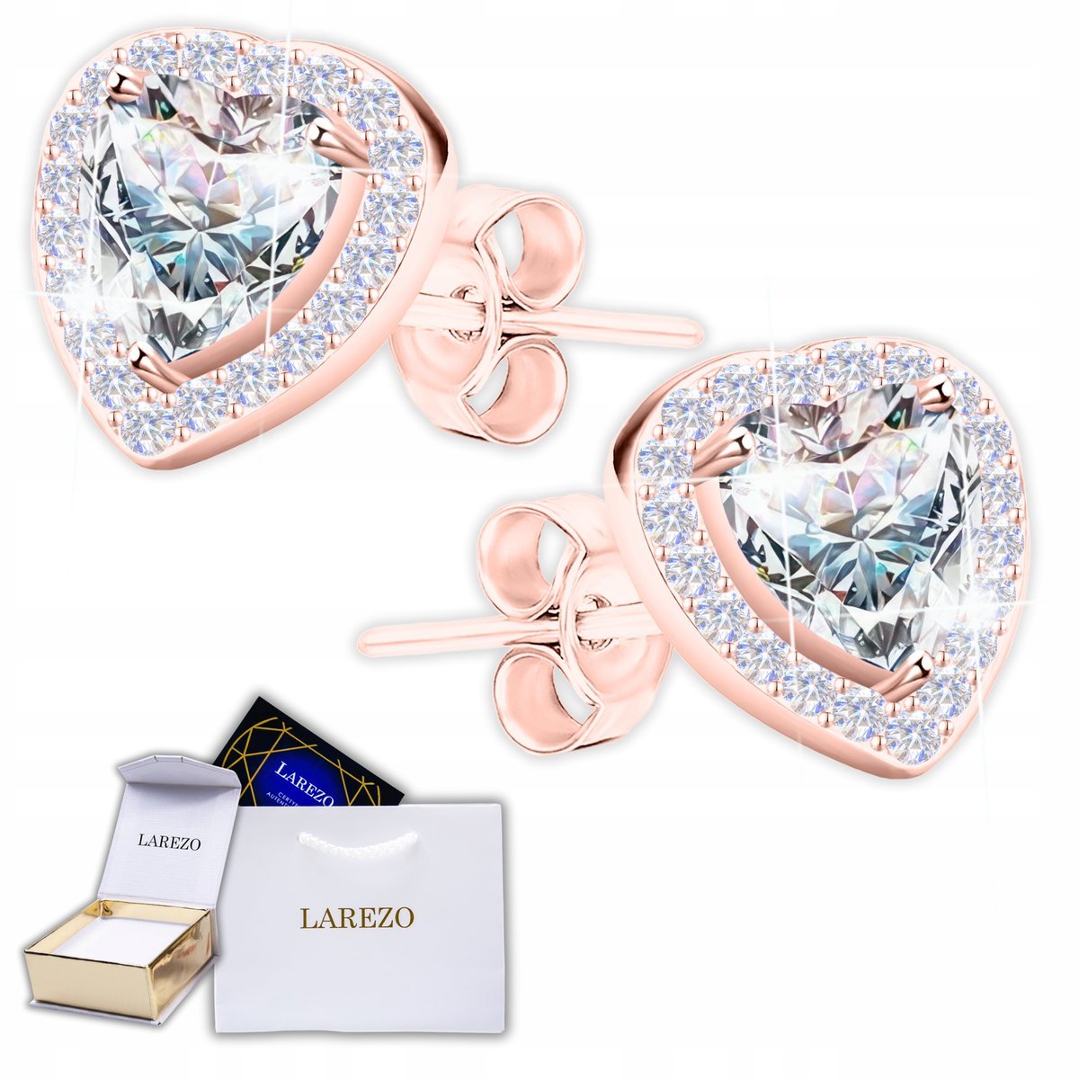 Kolczyki Pozłacane Serca z Białymi Cyrkoniami Serduszko Kryształ SREBRO 925