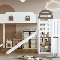 Łóżka dla dzieci i młodzieży - Łóżko antresola 90x200cm - z oknem - ze zjeżdżalnią - schody z poręczą - lite drewno + MDF - biały + brązowy - miniaturka - grafika 1