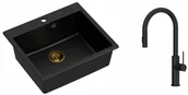 Zlewozmywaki z baterią - Quadron Zlewozmywak granitowy jednokomorowy 57*50*22 cm MORGAN 110 PURE CARBON czarny ze złotym odpływem z baterią JENNIFER Q LINE SLIM PURE CARBON z wyciąganą wylewką i funkcją prysznica kolor czarny - miniaturka - grafika 1