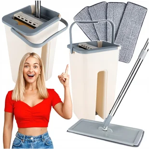 Mop z Wiadrem Płaski Dwukomorowy Wyciskacz + 4 Wkłady Mikrofibra Zestaw - Miotły, szufle, mopy - miniaturka - grafika 1