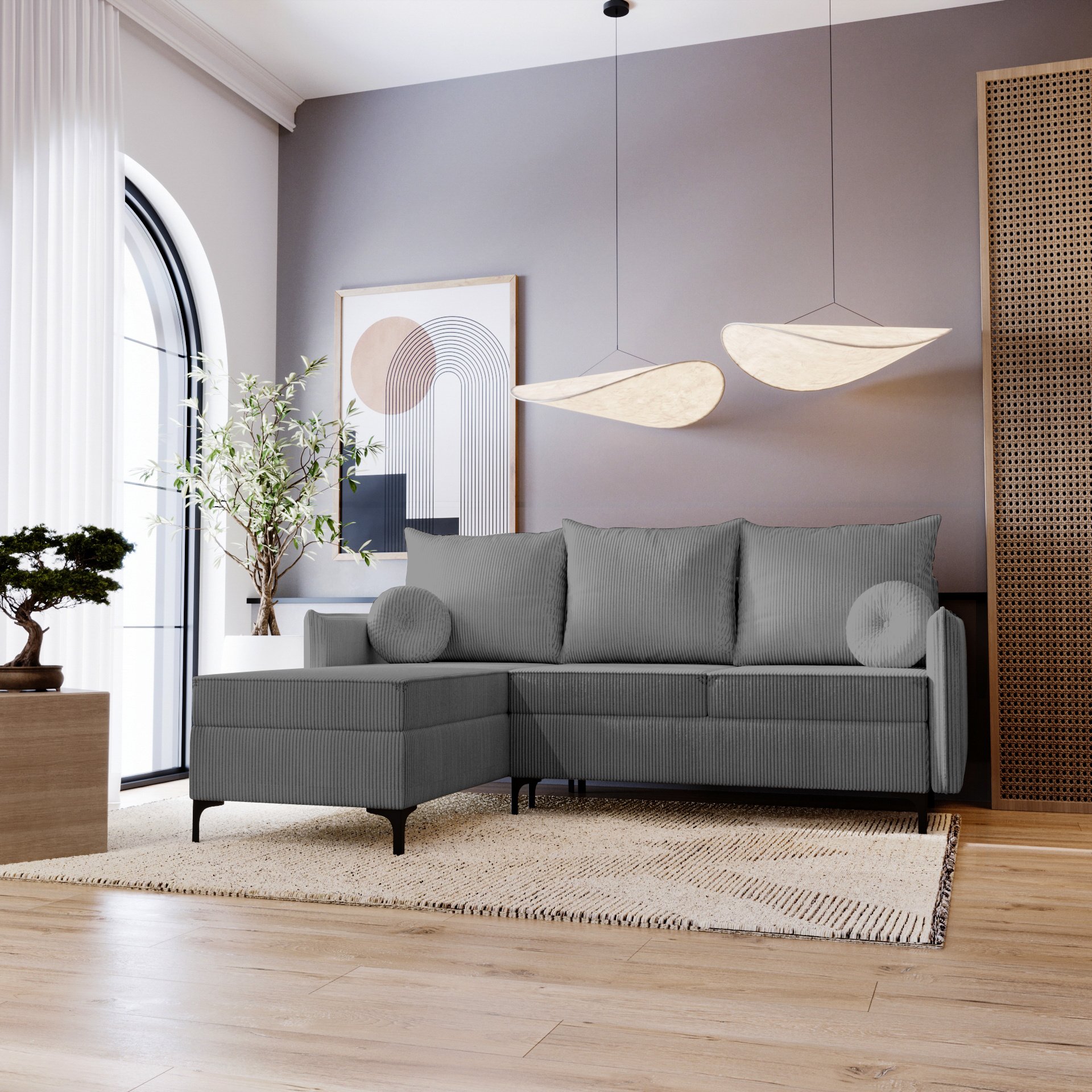 Narożnik w kształcie litery L Lion - Sofa do salonu z funkcją spania i podstawą łóżka - Lewy - Ciemnoszary & Poso 60