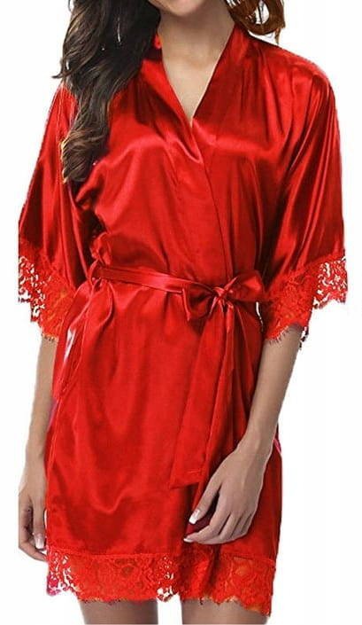 Szlafrok damski satynowy z koronką czerwony - S/M