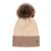 Czapki damskie - Damska czapka z futerkowym pomponem biało - beżowa - miniaturka - grafika 1