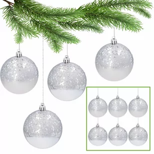 Plastikowe bombki choinkowe z brokatem 8cm, zestaw srebrnych bombek, ozdoby choinkowe, 6 szt. 1 paczka - Bombki - miniaturka - grafika 1