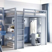 Łóżka dla dzieci i młodzieży - Łóżko piętrowe dla dzieci 90 x 200 cm z półkami i otwartą szafą - Sosna + sklejka + MDF - Szare (Bez materaca) - miniaturka - grafika 1
