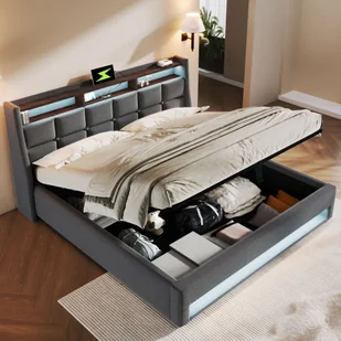 Łóżko tapicerowane Flieks 160x200cm z USB, łóżko młodzieżowe podwójne ze stelażem listwowym i schowkiem, łóżko do przechowywania z LED, pościel, szare - Pościel - miniaturka - grafika 1
