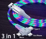 Kable USB - KABEL DO TELEFONU 3W1 MICRO USB USB-C APPLE 200CM świecący - miniaturka - grafika 1