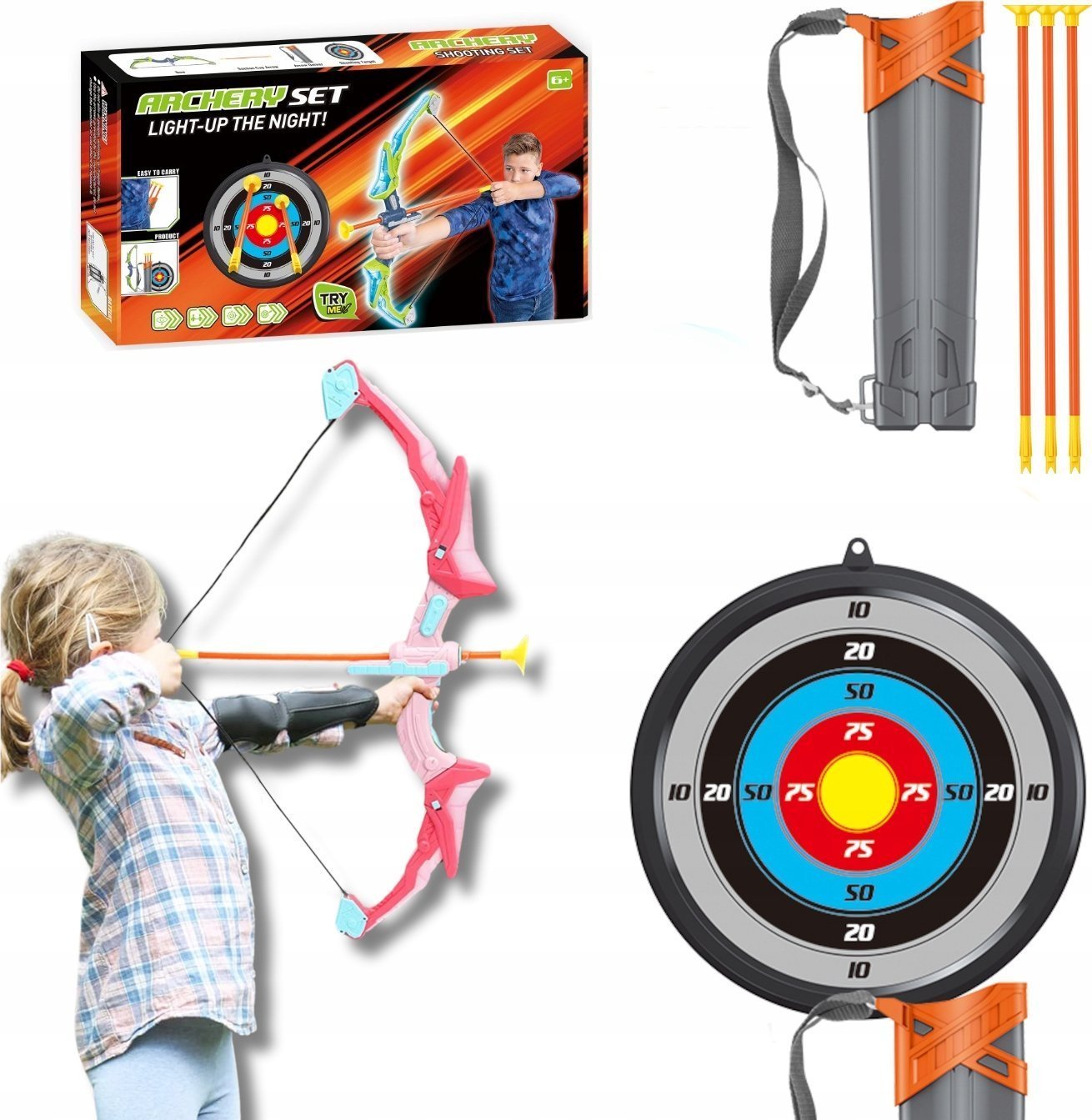 OWL-TECH ŁUK ŚWIECĄCY LED 3 STRZAŁY TARCZA KOŁCZAN BEZPIECZNY ZESTAW STRZELECKI GIRL