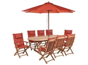Meble ogrodowe - Zestaw ogrodowy drewniany stół z parasolem i 8 krzeseł z poduszkami bordowymi MAUI II - miniaturka - grafika 1