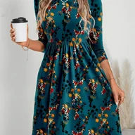 Sukienki - TEMU Damska Sukienka A-Line w Turkusowo Zielonym i Wielokolorowym Kwiatkowym - Elegancka Retro Długi Rękaw z Krótką Talii, Dopasowaniem Biustu - miniaturka - grafika 1