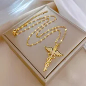 Naszyjniki - Złoty Naszyjnik Kaduceusz Medyczny Onyks Damski Stal Szlachetna na Prezent - miniaturka - grafika 1