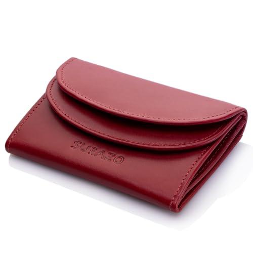 SURAZO® Mały portfel damski z prawdziwej skóry (10,5 x 7,5 x 2 cm) mini portfel męski, mały, RFID Mini Wallet | 4 przegródki na karty | cienki portfel z kieszenią na monety (miks), czerwony, S,